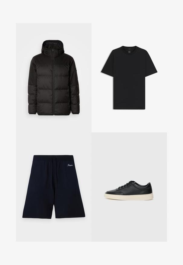 Black puffer jacket features a zip closure, a hood, quilted sections, and elastic cuffs, made from a smooth, water-resistant material.; Black short-sleeve T-shirt made from a smooth cotton blend, featuring a crew neckline and a minimalistic design with no patterns or accents.; Navy blue shorts made of soft fabric, featuring an elastic waistband with drawstrings, and embroidered text "Future" near the top.; Black low-top leather sneaker with black laces and off-white sole shown in side profile on white background.