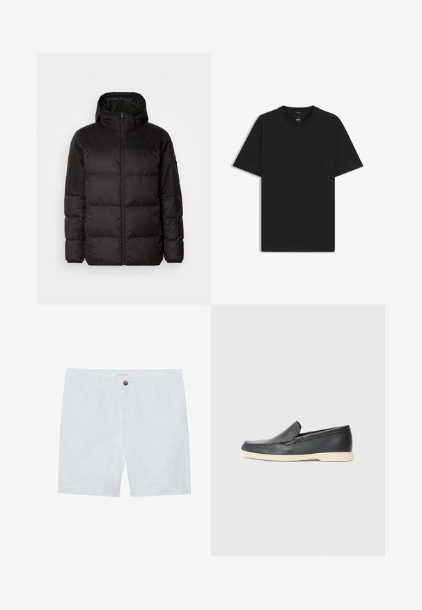 Il giubbotto puffo nero presenta una chiusura con zip, un cappuccio, sezioni trapuntate e polsini elastici, realizzato in un materiale liscio e resistente all'acqua.; Maglietta nera a maniche corte realizzata in un morbido misto cotone, con scollatura a girocollo e un design minimalista senza motivi o dettagli.; Shorts bianchi in cotone con chiusura anteriore a bottone, due tasche laterali e taglio dritto. Etichetta del marchio "Pier One" in vita.; Mocassini neri in pelle con finitura testurizzata e suola in gomma beige a contrasto. Presentano un accento sottile lungo la parte anteriore.