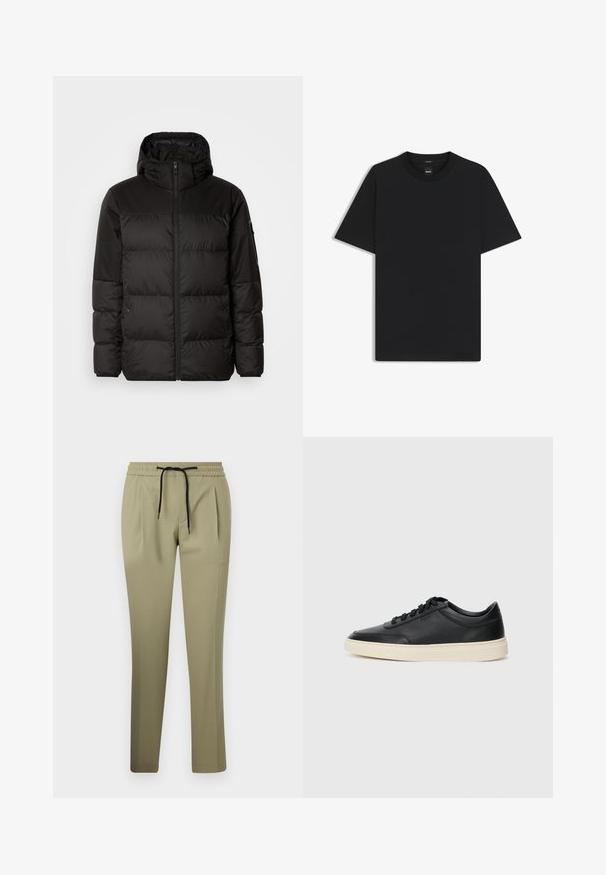 La doudoune noire est dotée d'une fermeture éclair, d'une capuche, de sections matelassées et de poignets élastiques, fabriquée à partir d'un matériau lisse et résistant à l'eau.; T-shirt noir à manches courtes en coton mélangé doux, avec un col rond et un design minimaliste sans motifs ni accents.; Pantalons kaki en tissu lisse avec une coupe décontractée, dotés d'une taille élastique et d'un cordon de serrage. Design à jambes droites avec des plis latéraux.; Baskets en cuir noires à tiges basses avec lacets noirs et semelle ivoire, présentées en profil latéral sur fond blanc.