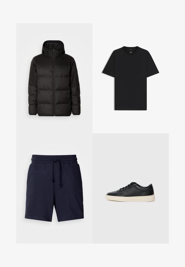 Zwarte pufferjas met ritsluiting, een capuchon, gequiltte secties en elastische manchetten, gemaakt van een glad, waterafstotend materiaal.; Zwarte korte mouwen T-shirt van een gladde katoenmix, met een ronde halslijn en een minimalistisch ontwerp zonder patronen of accenten.; Marineblauwe shorts met een ontspannen pasvorm, elastische tailleband en verstelbaar trekkoord. Lichtgewicht stof met een gladde textuur.; Zwarte leren sneaker met lage schacht, zwarte veters en off-white zool, weergegeven in zijprofiel op een witte achtergrond.