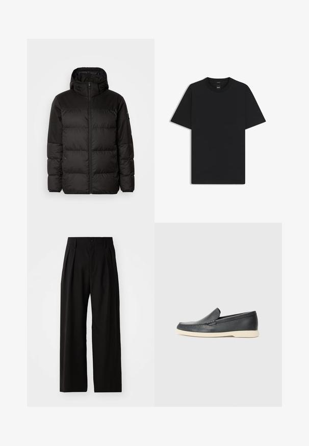 Sort pufferjakke med lynlås, hætte, quiltede sektioner og elastiske manchetter, lavet af et glat, vandafvisende materiale.; Sort kortærmet T-shirt lavet af en glat bomuldsblanding, med en rund halsudskæring og et minimalistisk design uden mønstre eller accenter.; Sorte bukser med vid ben, der har en glat overflade, to frontplisseringer, knaplukning og sidelommer. Holdbart stof.; Sorte læder slip-on loafers med en struktureret overflade og en kontrasterende beige gummisål. Har en subtil detalje langs forsiden.
