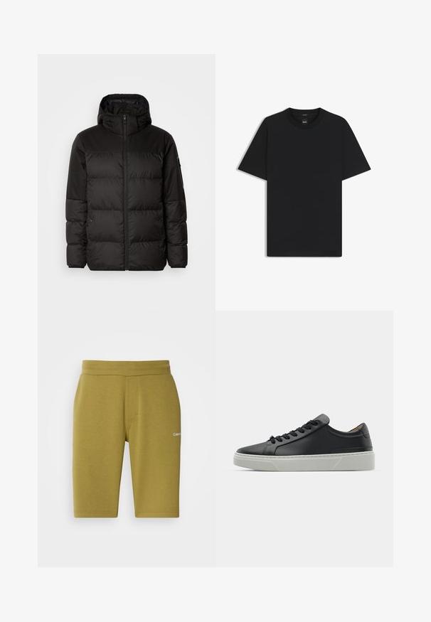 Schwarze Pufferjacke mit Reißverschluss, Kapuze, gesteppten Abschnitten und elastischen Bündchen, hergestellt aus einem glatten, wasserabweisenden Material.; Schwarz T-Shirt mit kurzen Ärmeln aus einem glatten Baumwollmix, mit Rundhalsausschnitt und einem minimalistischen Design ohne Muster oder Akzente.; Olivgrüne Shorts aus einem weichen Baumwollgemisch, mit glatter Textur, elastischem Bund und diskretem Logo auf der linken Seite.; Schwarze Ledersneaker mit glatter Textur, runder Zehenform und schwarzen Schnürsenkeln. Verfügt über eine dicke, weiße Gummisohle mit subtilen geometrischen Akzenten.