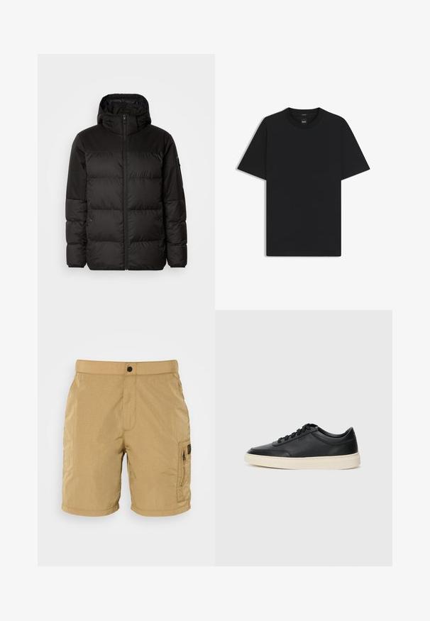 Zwarte pufferjas met ritsluiting, een capuchon, gequiltte secties en elastische manchetten, gemaakt van een glad, waterafstotend materiaal.; Zwarte korte mouwen T-shirt van een gladde katoenmix, met een ronde halslijn en een minimalistisch ontwerp zonder patronen of accenten.; Lichtgewicht, tan kleurige shorts met een gestructureerde afwerking, een voorkantzak en een zijvak met een zwarte rits en branding detail.; Zwarte leren sneaker met lage schacht, zwarte veters en off-white zool, weergegeven in zijprofiel op een witte achtergrond.