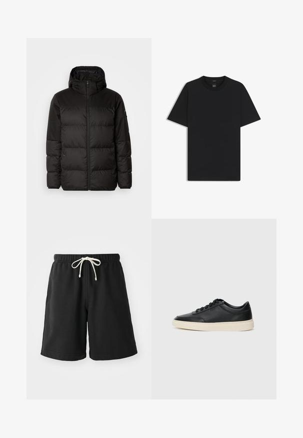 Black puffer jacket features a zip closure, a hood, quilted sections, and elastic cuffs, made from a smooth, water-resistant material.; Black short-sleeve T-shirt made from a smooth cotton blend, featuring a crew neckline and a minimalistic design with no patterns or accents.; Black sweat shorts made of a soft material, featuring an elastic waistband with a cream-colored drawstring and side pockets.; Black low-top leather sneaker with black laces and off-white sole shown in side profile on white background.