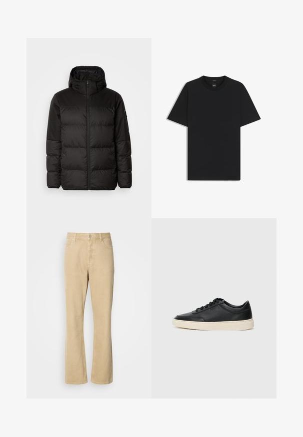 Schwarze Pufferjacke mit Reißverschluss, Kapuze, gesteppten Abschnitten und elastischen Bündchen, hergestellt aus einem glatten, wasserabweisenden Material.; Schwarz T-Shirt mit kurzen Ärmeln aus einem glatten Baumwollmix, mit Rundhalsausschnitt und einem minimalistischen Design ohne Muster oder Akzente.; Beige Cordleisten-Hosen mit ausgestelltem Bein, Knopf- und Reißverschluss, ausgestattet mit fünf Taschen und sichtbaren Nähten entlang der Beine. Glatte Textur.; Schwarzer niedriger Ledersneaker mit schwarzen Schnürsenkeln und cremefarbenem Sohlenrand, seitlich auf weißem Hintergrund dargestellt.