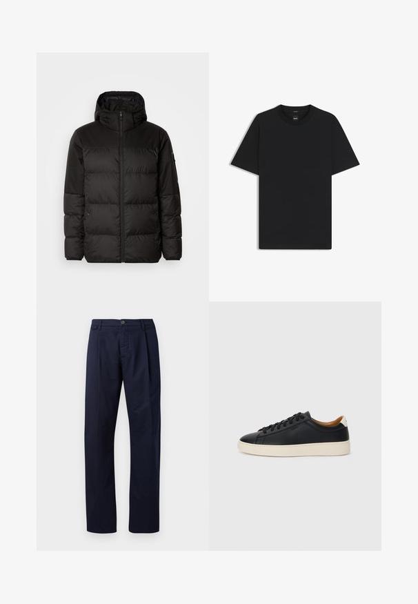 Zwarte pufferjas met ritsluiting, een capuchon, gequiltte secties en elastische manchetten, gemaakt van een glad, waterafstotend materiaal.; Zwarte korte mouwen T-shirt van een gladde katoenmix, met een ronde halslijn en een minimalistisch ontwerp zonder patronen of accenten.; Marineblauwe broek gemaakt van stof met een gladde textuur, met rechte pijpen, een knoopsluiting en een enkele voorplooien.; Zwarte leren sneakers met een gladde textuur, beige rubberen zool, vetersluiting en een contrasterende hielaccent.