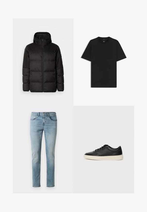 Black puffer jacket features a zip closure, a hood, quilted sections, and elastic cuffs, made from a smooth, water-resistant material.; Black short-sleeve T-shirt made from a smooth cotton blend, featuring a crew neckline and a minimalistic design with no patterns or accents.; Light blue jeans made of cotton, featuring a slim fit, five-pocket design, and light fading with subtle whisker patterns at the thighs.; Black low-top leather sneaker with black laces and off-white sole shown in side profile on white background.