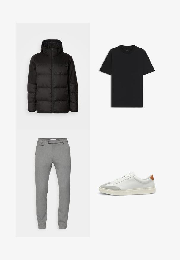 Sort pufferjakke med lynlås, hætte, quiltede sektioner og elastiske manchetter, lavet af et glat, vandafvisende materiale.; Sort kortærmet T-shirt lavet af en glat bomuldsblanding, med en rund halsudskæring og et minimalistisk design uden mønstre eller accenter.; Grå bukser i et tekstureret, vævet stof; slim fit; fem-lommes design; knaplukning; tætsiddende forende; diskret mønster.; Hvide lædersneakers med grå ruskindsdetaljer og en tan læderhæltap. Har en struktureret overflade og en let sål.