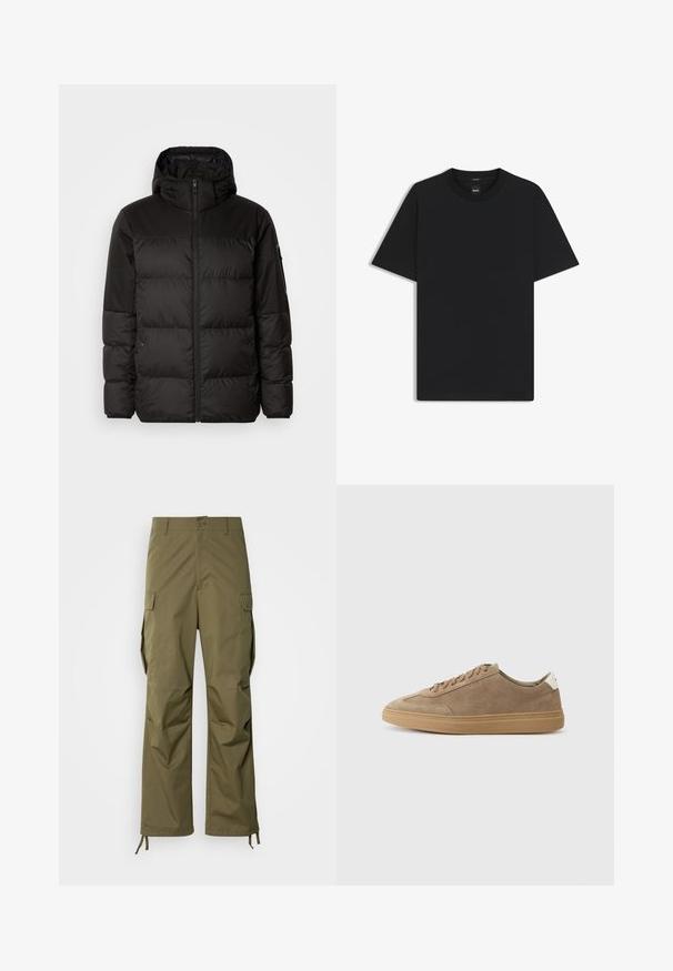 Svart puffjacka med blixtlås, huva, quiltade sektioner och elastiska mudd, tillverkad av ett slätt, vattentåligt material.; Svart kortärmad T-shirt i en mjuk bomullsblandning, med rundad halsringning och en minimalistisk design utan mönster eller detaljer.; Olivgröna cargobyxor gjorda av slitstarkt tyg, med rak ben-design, sidofickor och justerbara ankelsnören.; Suvädsneakers i ljusbrun med gummisula. Har snörningsdesign och en minimalistisk stil, accentuerad av en vit hälflik.