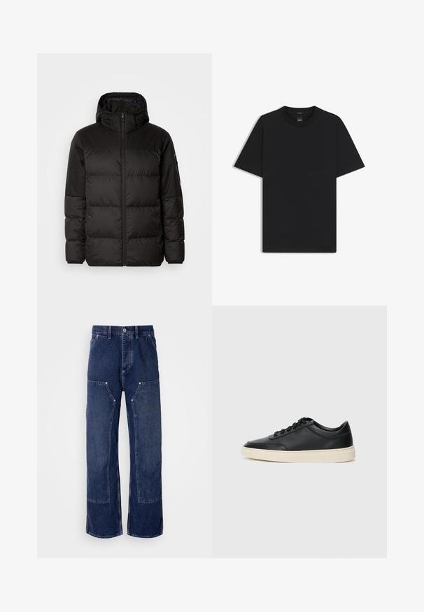 Zwarte pufferjas met ritsluiting, een capuchon, gequiltte secties en elastische manchetten, gemaakt van een glad, waterafstotend materiaal.; Zwarte korte mouwen T-shirt van een gladde katoenmix, met een ronde halslijn en een minimalistisch ontwerp zonder patronen of accenten.; Brede donkerblauwe spijkerbroeken met contrasterende paneeldetails, voorkruiszakken en een metalen knoopsluiting. Textuurstof met zichtbare stiksels.; Zwarte leren sneaker met lage schacht, zwarte veters en off-white zool, weergegeven in zijprofiel op een witte achtergrond.