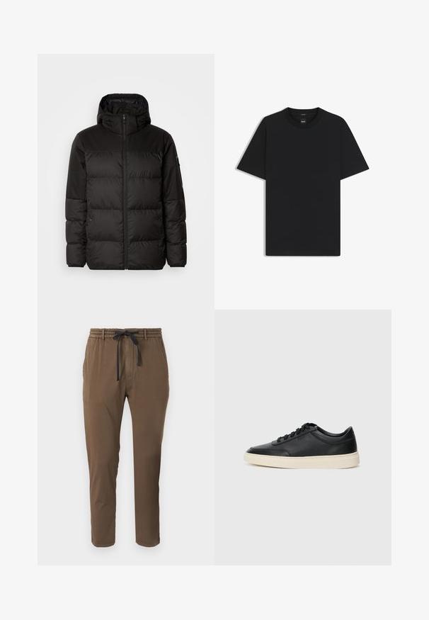 Musta puhvijakku sisältää vetoketjun, hupun, tilkuista koostuvia osioita ja joustavat hihansuut. Se on valmistettu sileästä, vedenpitävästä materiaalista.; Musta lyhythiha T-paita, joka on valmistettu sileästä puuvillasekoitteesta. Paita on varustettu pyöreällä pääntiehen ja siinä on minimaalinen muotoilu ilman kuvioita tai yksityiskohtia.; Ruskeat, kevyet housut, joissa on elastinen vyötärö ja nyöri. Ominaisuuksiin kuuluu sivutaskut ja slim-fit -meikkaus. Yksinkertainen tekstuuri.; Musta matalavartinen nahkastretchu, jossa on mustat nauhat ja vaaleanharmaa pohja, esitetty sivuprofiilissa valkoista taustaa vasten.