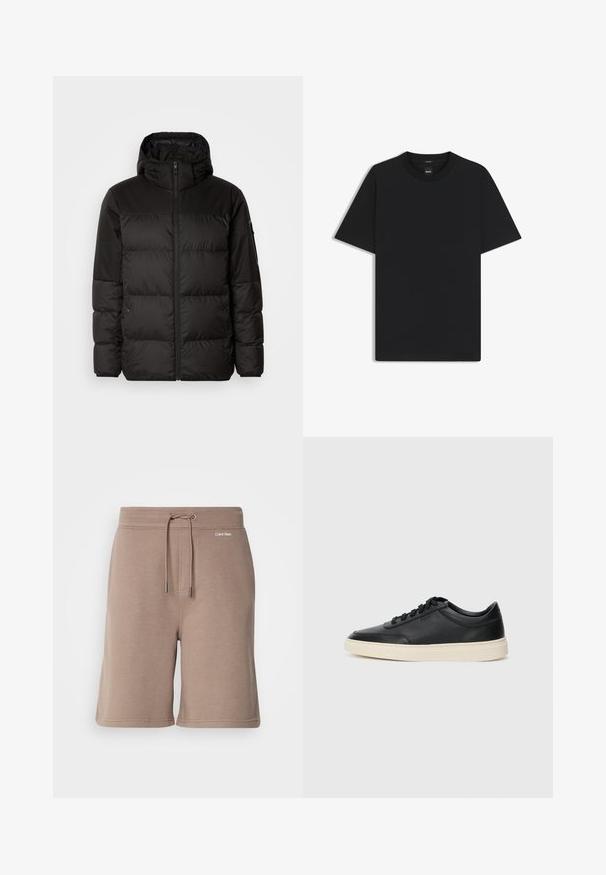 Zwarte pufferjas met ritsluiting, een capuchon, gequiltte secties en elastische manchetten, gemaakt van een glad, waterafstotend materiaal.; Zwarte korte mouwen T-shirt van een gladde katoenmix, met een ronde halslijn en een minimalistisch ontwerp zonder patronen of accenten.; Bruine katoenen shorts met een elastische tailleband, trekkoordsluiting en logo-opdruk aan de voorkant. Zachte textuur en knielange pasvorm.; Zwarte leren sneaker met lage schacht, zwarte veters en off-white zool, weergegeven in zijprofiel op een witte achtergrond.