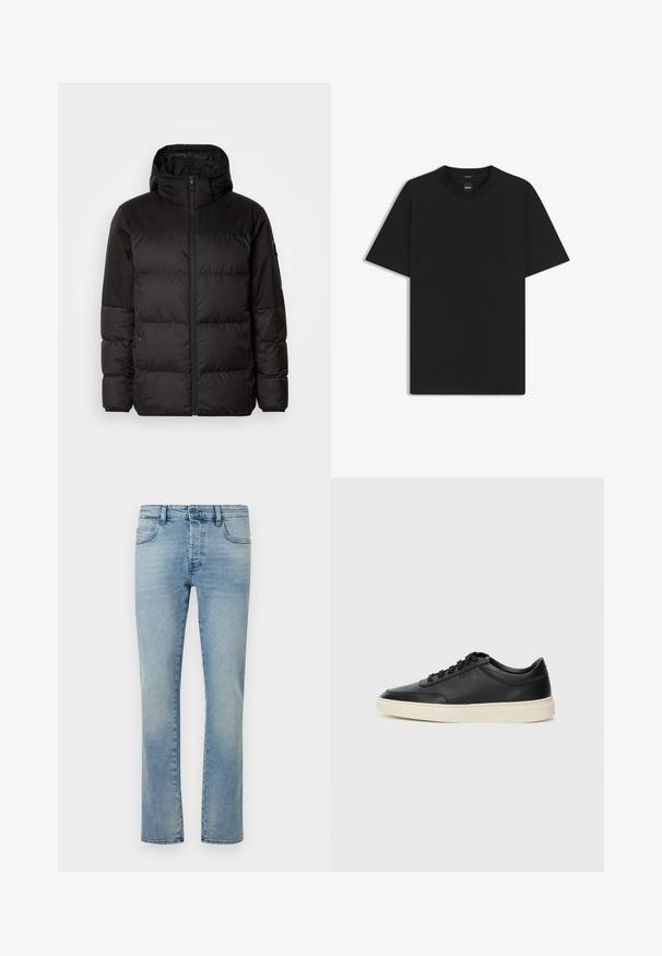 Svart puffjacka med blixtlås, huva, quiltade sektioner och elastiska mudd, tillverkad av ett slätt, vattentåligt material.; Svart kortärmad T-shirt i en mjuk bomullsblandning, med rundad halsringning och en minimalistisk design utan mönster eller detaljer.; Ljusblå jeans med rak bendesign, tillverkade av denim, med fem fickor, stängning med framknapp och en lätt urtvättad struktur.; Svart låg skor i läder med svarta snören och off-white sula, visas i sidoprofil på vit bakgrund.