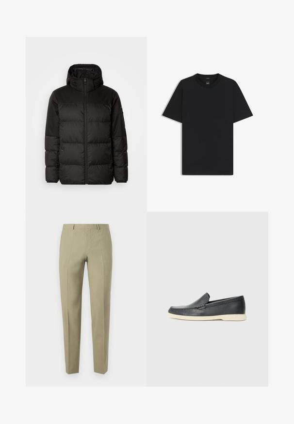 Sort pufferjakke med lynlås, hætte, quiltede sektioner og elastiske manchetter, lavet af et glat, vandafvisende materiale.; Sort kortærmet T-shirt lavet af en glat bomuldsblanding, med en rund halsudskæring og et minimalistisk design uden mønstre eller accenter.; Kaki bukser med slim fit, lavet af et glat stof. Har frontfolder, bæltesløjfer og lynlås-lukning.; Sorte læder slip-on loafers med en struktureret overflade og en kontrasterende beige gummisål. Har en subtil detalje langs forsiden.