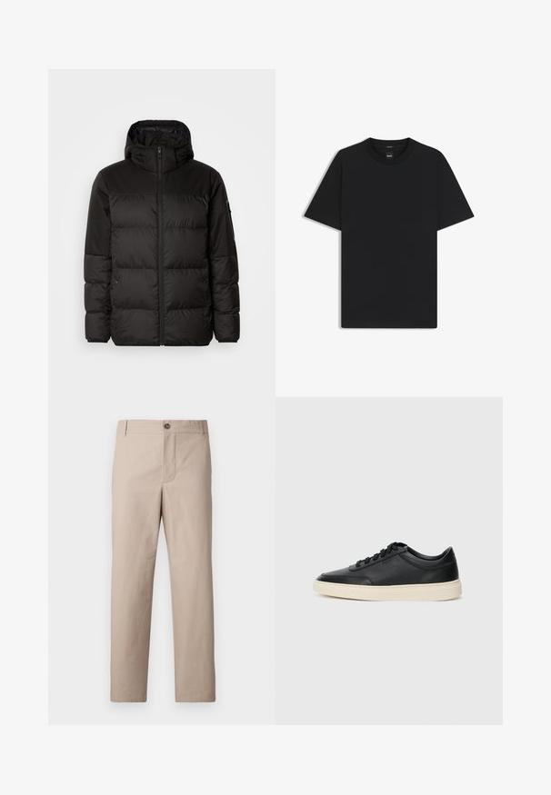 Svart puffjacka med blixtlås, huva, quiltade sektioner och elastiska mudd, tillverkad av ett slätt, vattentåligt material.; Svart kortärmad T-shirt i en mjuk bomullsblandning, med rundad halsringning och en minimalistisk design utan mönster eller detaljer.; Beiga bomullbyxor med rak skärning, utrustade med dragkedja fram och knappstängning. Slät textur med framfickor och minimalistisk design.; Svart låg skor i läder med svarta snören och off-white sula, visas i sidoprofil på vit bakgrund.