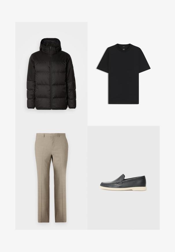 Svart puffjacka med blixtlås, huva, quiltade sektioner och elastiska mudd, tillverkad av ett slätt, vattentåligt material.; Svart kortärmad T-shirt i en mjuk bomullsblandning, med rundad halsringning och en minimalistisk design utan mönster eller detaljer.; Beige skräddarsydda byxor med en slät textur, rak bendesign, subtilt rutmönster och flat framsida. Två bakfickor ingår.; Svarta läder slip-on loafers med en texturerad yta och en kontrasterande beige gummisula. Har en subtil accent längs fram.