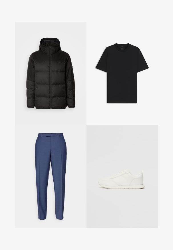 Schwarze Pufferjacke mit Reißverschluss, Kapuze, gesteppten Abschnitten und elastischen Bündchen, hergestellt aus einem glatten, wasserabweisenden Material.; Schwarz T-Shirt mit kurzen Ärmeln aus einem glatten Baumwollmix, mit Rundhalsausschnitt und einem minimalistischen Design ohne Muster oder Akzente.; Blaue maßgeschneiderte Hose aus einem strukturierten Stoff. Verfügt über eine flache Vorderseite, Gürtelschlaufen und ein schlankes Design mit schmal zulaufenden Beinen.; Weißer Sneaker mit einem Obermaterial aus Mesh und Synthetik, runder Zehenform, flachen Schnürsenkeln und einem strukturierten Seitenstreifen. Gummisohle mit einer Lasche hinten.