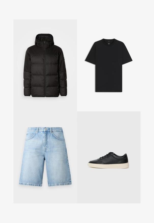 Svart puffjacka med blixtlås, huva, quiltade sektioner och elastiska mudd, tillverkad av ett slätt, vattentåligt material.; Svart kortärmad T-shirt i en mjuk bomullsblandning, med rundad halsringning och en minimalistisk design utan mönster eller detaljer.; Ljust blå denimshorts med en avslappnad passform, fem fickor och sömnadsdetaljer. Tyget har en klassisk, något urtvättad textur.; Svart låg skor i läder med svarta snören och off-white sula, visas i sidoprofil på vit bakgrund.