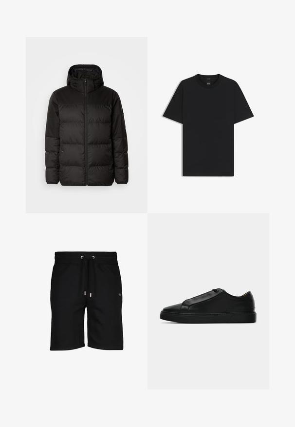 Black puffer jacket features a zip closure, a hood, quilted sections, and elastic cuffs, made from a smooth, water-resistant material.; Black short-sleeve T-shirt made from a smooth cotton blend, featuring a crew neckline and a minimalistic design with no patterns or accents.; Black cotton shorts with a drawstring waistband, silver eyelets, and subtle logo detail on the left side. Smooth texture and knee-length cut.; Black low-top sneaker with smooth leather upper, minimal stitching, and a rubber sole, shown in profile on a white background.