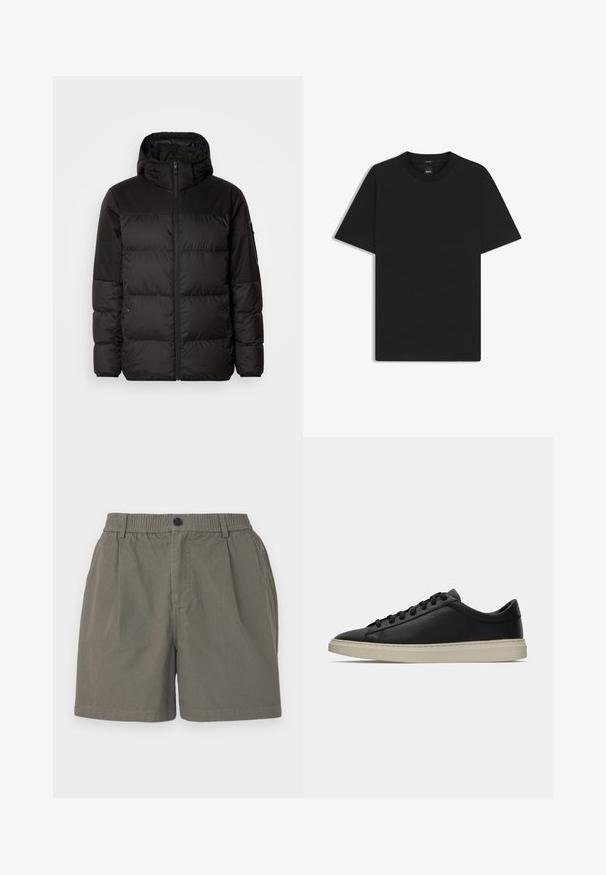 Schwarze Pufferjacke mit Reißverschluss, Kapuze, gesteppten Abschnitten und elastischen Bündchen, hergestellt aus einem glatten, wasserabweisenden Material.; Schwarz T-Shirt mit kurzen Ärmeln aus einem glatten Baumwollmix, mit Rundhalsausschnitt und einem minimalistischen Design ohne Muster oder Akzente.; Khaki-Shorts mit elastischem Bund, einzelnem Knopfverschluss und zwei Seitentaschen. Weicher, leichter Stoff mit glatter Textur.; Schwarze Ledersneaker mit einer strukturierten Oberfläche, ausgestattet mit einer beigefarbenen Gummisohle und schwarzen Schnürsenkeln, entworfen mit einem niedrigen Profil und minimalistischem Design.