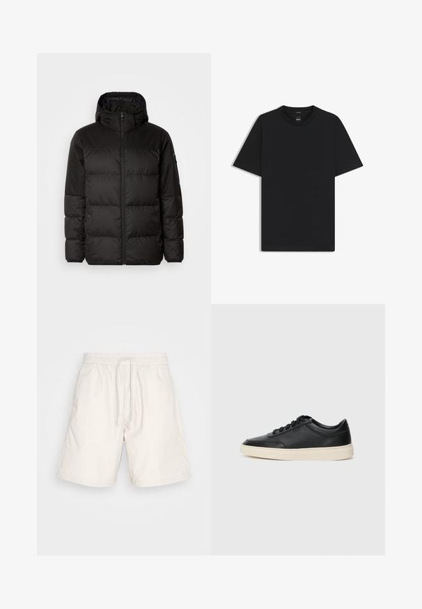 La doudoune noire est dotée d'une fermeture éclair, d'une capuche, de sections matelassées et de poignets élastiques, fabriquée à partir d'un matériau lisse et résistant à l'eau.; T-shirt noir à manches courtes en coton mélangé doux, avec un col rond et un design minimaliste sans motifs ni accents.; Shorts beige clair en tissu doux et léger. Comprend une taille élastique avec cordon de serrage et des poches latérales.; Baskets en cuir noires à tiges basses avec lacets noirs et semelle ivoire, présentées en profil latéral sur fond blanc.