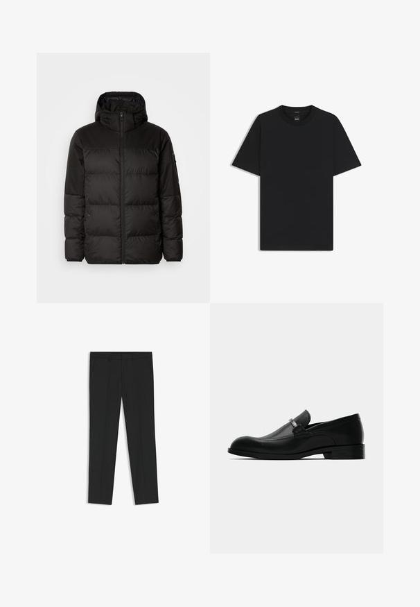 Zwarte pufferjas met ritsluiting, een capuchon, gequiltte secties en elastische manchetten, gemaakt van een glad, waterafstotend materiaal.; Zwarte korte mouwen T-shirt van een gladde katoenmix, met een ronde halslijn en een minimalistisch ontwerp zonder patronen of accenten.; Zwarte converspantalons, op maat gemaakt, met een gladde textuur, riemlussen en zijzakken. Plat voorpand met een rechte pijp.; Zwarte leren herenschoen met een metalen design en een lage hak, weergegeven vanuit de zijkant op een witte achtergrond.