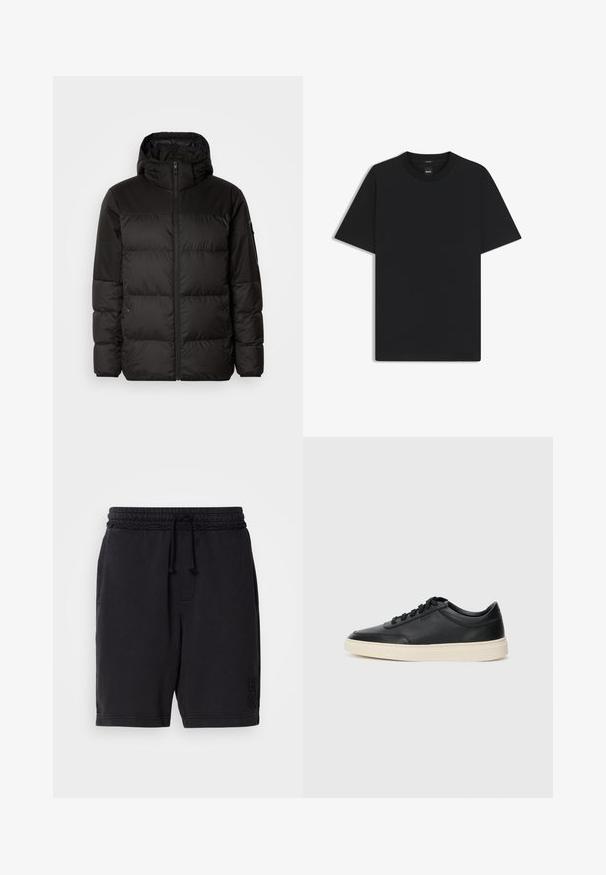 Zwarte pufferjas met ritsluiting, een capuchon, gequiltte secties en elastische manchetten, gemaakt van een glad, waterafstotend materiaal.; Zwarte korte mouwen T-shirt van een gladde katoenmix, met een ronde halslijn en een minimalistisch ontwerp zonder patronen of accenten.; Zwarte katoenenshorts met een elastische tailleband en een trekkoord. Heeft zijzakken en subtiele reliëfbranding op het linkeronderbeen.; Zwarte leren sneaker met lage schacht, zwarte veters en off-white zool, weergegeven in zijprofiel op een witte achtergrond.