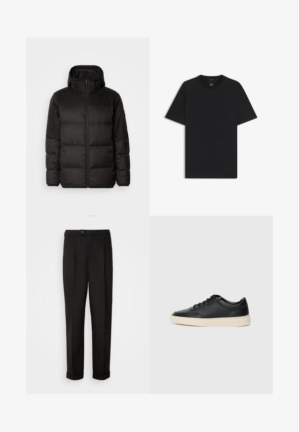 Zwarte pufferjas met ritsluiting, een capuchon, gequiltte secties en elastische manchetten, gemaakt van een glad, waterafstotend materiaal.; Zwarte korte mouwen T-shirt van een gladde katoenmix, met een ronde halslijn en een minimalistisch ontwerp zonder patronen of accenten.; Zwarte broek met een gladde textuur, voorzien van een rechte snit, twee voorkantzakken en een enkele knoopsluiting in de taille.; Zwarte leren sneaker met lage schacht, zwarte veters en off-white zool, weergegeven in zijprofiel op een witte achtergrond.