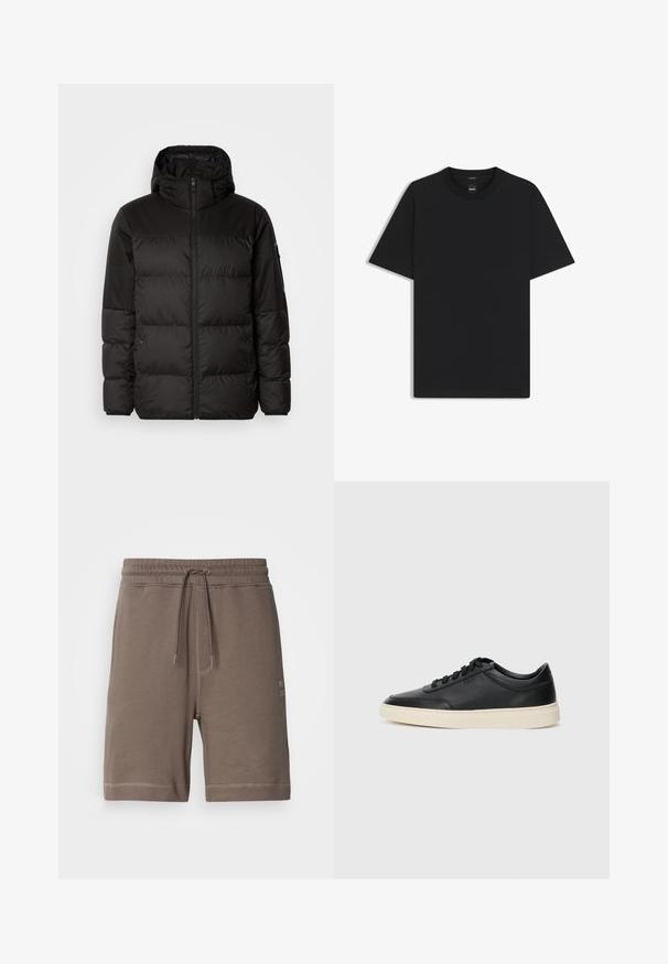 Musta puhvijakku sisältää vetoketjun, hupun, tilkuista koostuvia osioita ja joustavat hihansuut. Se on valmistettu sileästä, vedenpitävästä materiaalista.; Musta lyhythiha T-paita, joka on valmistettu sileästä puuvillasekoitteesta. Paita on varustettu pyöreällä pääntiehen ja siinä on minimaalinen muotoilu ilman kuvioita tai yksityiskohtia.; Ruskeat puuvillasekoitesortsit, joissa on joustava vyötärö, säädettävä naru ja sivutaskut. Sisältää kontrastiväriset ompeleet ja logopatchin.; Musta matalavartinen nahkastretchu, jossa on mustat nauhat ja vaaleanharmaa pohja, esitetty sivuprofiilissa valkoista taustaa vasten.