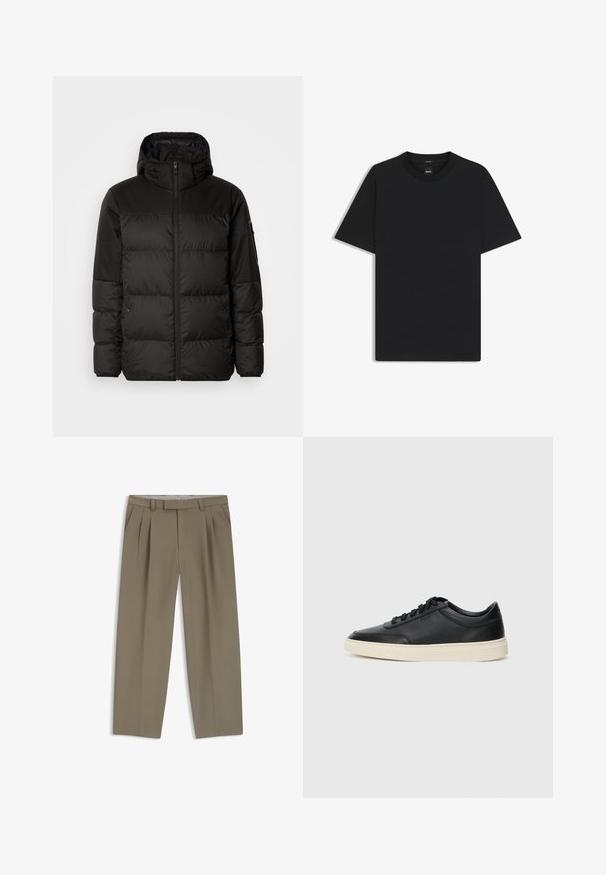 La chaqueta acolchada negra tiene un cierre de cremallera, capucha, secciones acolchadas y puños elásticos, hecha de un material suave y resistente al agua.; Camiseta negra de manga corta fabricada con una suave mezcla de algodón, que presenta un cuello redondo y un diseño minimalista sin patrones ni acentos.; Pantalones caqui con pliegues, bolsillos laterales, trabillas para cinturón y corte recto, mostrados de forma plana sobre un fondo blanco.; Zapatilla negra de piel de caña baja con cordones negros y suela color crema, mostrada en perfil lateral sobre fondo blanco.