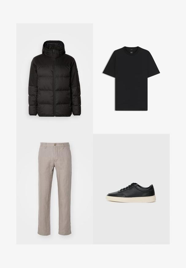 Black puffer jacket features a zip closure, a hood, quilted sections, and elastic cuffs, made from a smooth, water-resistant material.; Black short-sleeve T-shirt made from a smooth cotton blend, featuring a crew neckline and a minimalistic design with no patterns or accents.; NN.07 THEO - Trousers - camel; Black low-top leather sneaker with black laces and off-white sole shown in side profile on white background.