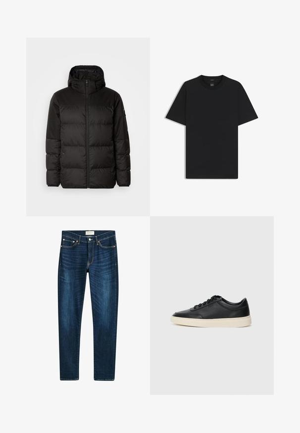 Musta puhvijakku sisältää vetoketjun, hupun, tilkuista koostuvia osioita ja joustavat hihansuut. Se on valmistettu sileästä, vedenpitävästä materiaalista.; Musta lyhythiha T-paita, joka on valmistettu sileästä puuvillasekoitteesta. Paita on varustettu pyöreällä pääntiehen ja siinä on minimaalinen muotoilu ilman kuvioita tai yksityiskohtia.; Tummansiniset farkut denimistä, suoralla lahkeella, viidellä taskulla, kuparinvärisillä niiteillä ja hillityllä kulutuksella kankaassa.; Musta matalavartinen nahkastretchu, jossa on mustat nauhat ja vaaleanharmaa pohja, esitetty sivuprofiilissa valkoista taustaa vasten.