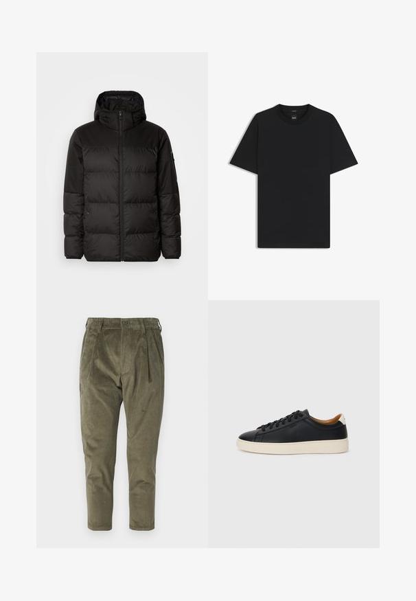Zwarte pufferjas met ritsluiting, een capuchon, gequiltte secties en elastische manchetten, gemaakt van een glad, waterafstotend materiaal.; Zwarte korte mouwen T-shirt van een gladde katoenmix, met een ronde halslijn en een minimalistisch ontwerp zonder patronen of accenten.; Olijfgroene corduroy broek met een relaxte pasvorm, voorzien van plooien, een elastische tailleband en taps toelopende benen. Geweven stof met verticale ribbels.; Zwarte leren sneakers met een gladde textuur, beige rubberen zool, vetersluiting en een contrasterende hielaccent.