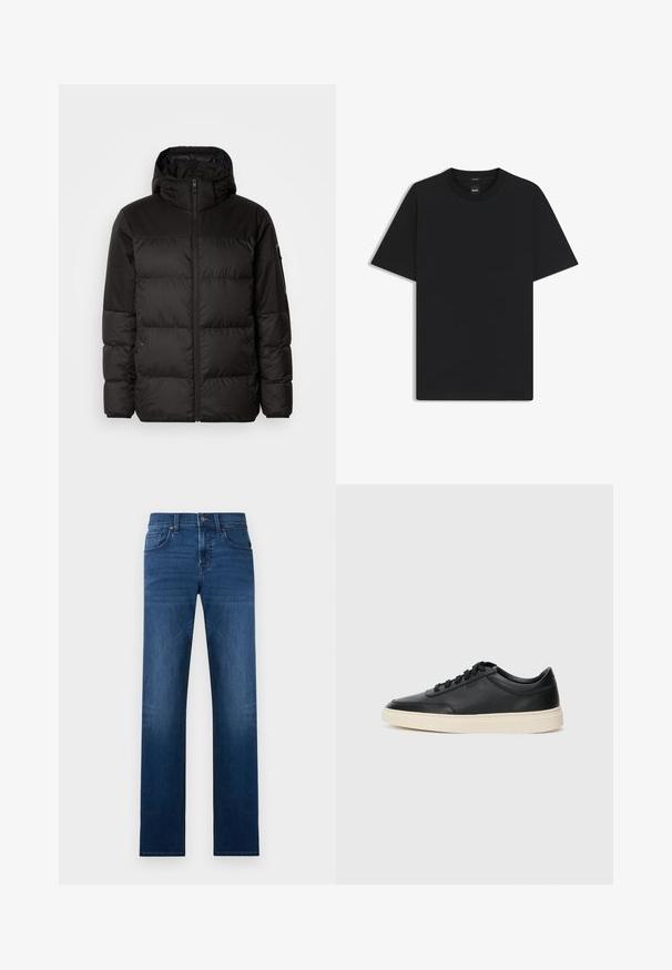 Zwarte pufferjas met ritsluiting, een capuchon, gequiltte secties en elastische manchetten, gemaakt van een glad, waterafstotend materiaal.; Zwarte korte mouwen T-shirt van een gladde katoenmix, met een ronde halslijn en een minimalistisch ontwerp zonder patronen of accenten.; Donkerblauwe denim jeans met een rechte pijp, voorzien van vijf zakken, een sluiting met een knop aan de voorkant en subtiele wassingdetails.; Zwarte leren sneaker met lage schacht, zwarte veters en off-white zool, weergegeven in zijprofiel op een witte achtergrond.