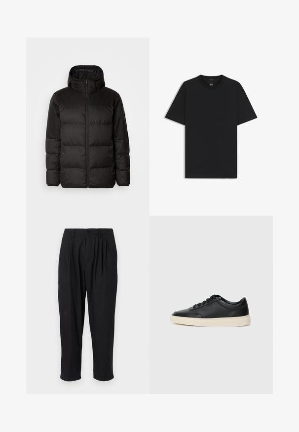 Zwarte pufferjas met ritsluiting, een capuchon, gequiltte secties en elastische manchetten, gemaakt van een glad, waterafstotend materiaal.; Zwarte korte mouwen T-shirt van een gladde katoenmix, met een ronde halslijn en een minimalistisch ontwerp zonder patronen of accenten.; Zwarte, geplooide broek van zachte stof, met een enkele knoopsluiting, taps toelopende benen en zonder zichtbare patronen of accenten.; Zwarte leren sneaker met lage schacht, zwarte veters en off-white zool, weergegeven in zijprofiel op een witte achtergrond.