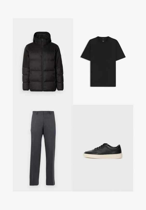 Schwarze Pufferjacke mit Reißverschluss, Kapuze, gesteppten Abschnitten und elastischen Bündchen, hergestellt aus einem glatten, wasserabweisenden Material.; Schwarz T-Shirt mit kurzen Ärmeln aus einem glatten Baumwollmix, mit Rundhalsausschnitt und einem minimalistischen Design ohne Muster oder Akzente.; Herrenanzughose in Dunkelgrau, mit Gürtelschlaufen und vorderen Bügelfalten, vor einem weißen Hintergrund präsentiert.; Schwarzer niedriger Ledersneaker mit schwarzen Schnürsenkeln und cremefarbenem Sohlenrand, seitlich auf weißem Hintergrund dargestellt.