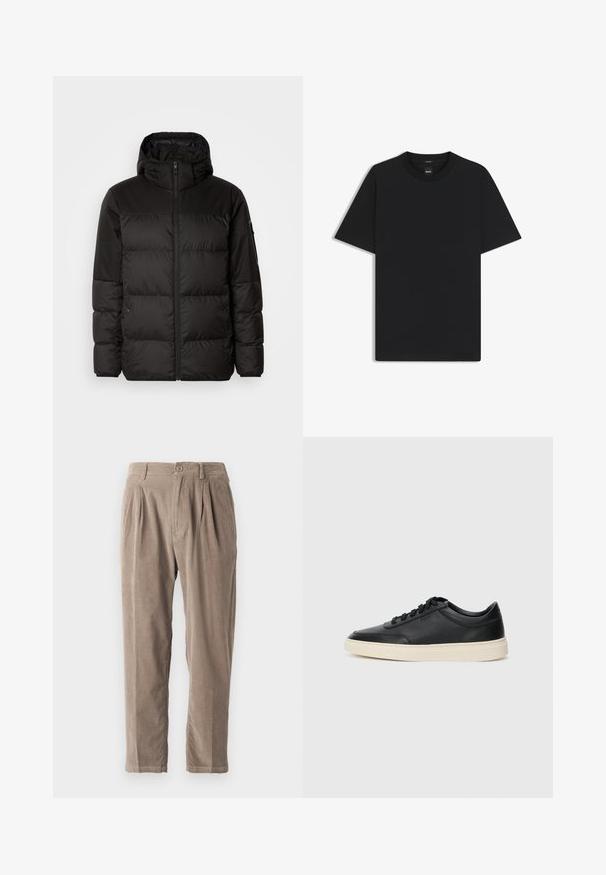 Il giubbotto puffo nero presenta una chiusura con zip, un cappuccio, sezioni trapuntate e polsini elastici, realizzato in un materiale liscio e resistente all'acqua.; Maglietta nera a maniche corte realizzata in un morbido misto cotone, con scollatura a girocollo e un design minimalista senza motivi o dettagli.; Pantaloni in corduroy beige con vestibilità rilassata, caratterizzati da pieghe, chiusura con bottone e tasche laterali, superficie testurizzata e design a gamba affusolata.; Sneaker in pelle nera a basso profilo con lacci neri e suola avorio, mostrato di profilo su sfondo bianco.