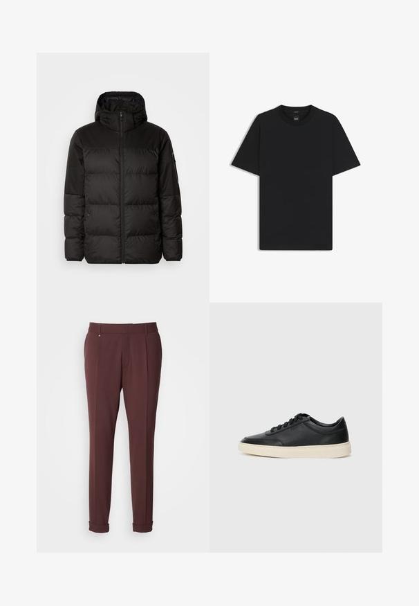 Sort pufferjakke med lynlås, hætte, quiltede sektioner og elastiske manchetter, lavet af et glat, vandafvisende materiale.; Sort kortærmet T-shirt lavet af en glat bomuldsblanding, med en rund halsudskæring og et minimalistisk design uden mønstre eller accenter.; Bordeaux skræddersyede bukser med en glat tekstur, der har bæltestropper, frontfolder og opfoldede kanter for et tætsiddende look.; Sort lavt top lædersneaker med sorte snørebånd og off-white sål vist i sideprofil på hvid baggrund.