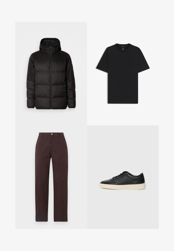 La doudoune noire est dotée d'une fermeture éclair, d'une capuche, de sections matelassées et de poignets élastiques, fabriquée à partir d'un matériau lisse et résistant à l'eau.; T-shirt noir à manches courtes en coton mélangé doux, avec un col rond et un design minimaliste sans motifs ni accents.; Libertine-Libertine ALERT - Pantalon classique - chocolate; Baskets en cuir noires à tiges basses avec lacets noirs et semelle ivoire, présentées en profil latéral sur fond blanc.