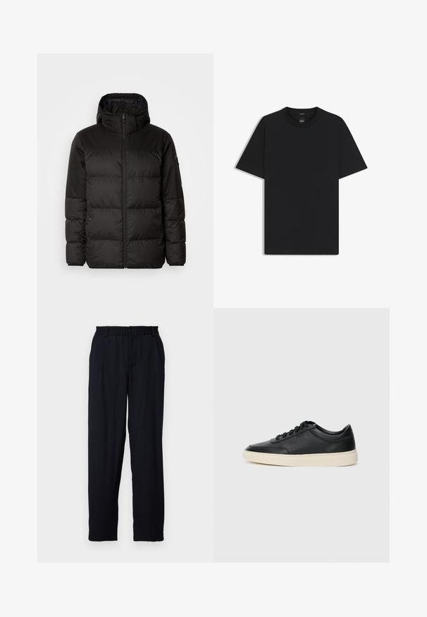 Czarna kurtka puchowa z zapięciem na zamek, kapturem, pikowanymi sekcjami i elastycznymi mankietami, wykonana z gładkiego, wodoodpornego materiału.; Czarny t-shirt krótki rękaw wykonany z gładkiej mieszanki bawełny, z okrągłym dekoltem i minimalistycznym designem bez wzorów czy akcentów.; Libertine-Libertine ALIVE granatowy; Czarne niskie skórzane sneakersy z czarnymi sznurówkami i off-white podeszwą, prezentowane w profilu bocznym na białym tle.