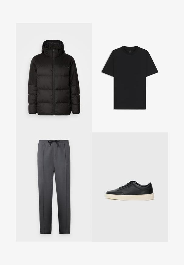 Svart puffjacka med blixtlås, huva, quiltade sektioner och elastiska mudd, tillverkad av ett slätt, vattentåligt material.; Svart kortärmad T-shirt i en mjuk bomullsblandning, med rundad halsringning och en minimalistisk design utan mönster eller detaljer.; Svarta texturerade sweatpants med elastisk midja och dragsko, med sidofickor och smalnande ben för en strömlinjeformad passform.; Svart låg skor i läder med svarta snören och off-white sula, visas i sidoprofil på vit bakgrund.