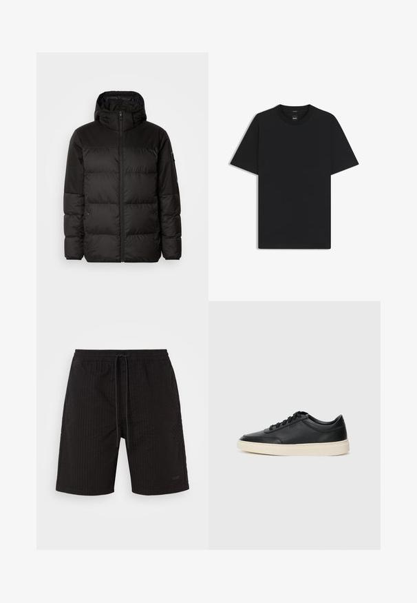 Black puffer jacket features a zip closure, a hood, quilted sections, and elastic cuffs, made from a smooth, water-resistant material.; Black short-sleeve T-shirt made from a smooth cotton blend, featuring a crew neckline and a minimalistic design with no patterns or accents.; Black swim shorts with a textured, ribbed pattern. Elastic waistband with a drawstring. Subtle branding on the lower front. No pockets.; Black low-top leather sneaker with black laces and off-white sole shown in side profile on white background.