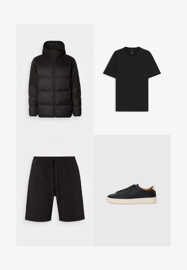 Zwarte pufferjas met ritsluiting, een capuchon, gequiltte secties en elastische manchetten, gemaakt van een glad, waterafstotend materiaal.; Zwarte korte mouwen T-shirt van een gladde katoenmix, met een ronde halslijn en een minimalistisch ontwerp zonder patronen of accenten.; Zwarte zwembroek met een gestructureerd, geribbeld patroon. Elastische tailleband met een trekkoord. Subtiele branding aan de onderkant van de voorkant. Geen zakken.; Zwarte leren sneakers met een gladde textuur, beige rubberen zool, vetersluiting en een contrasterende hielaccent.