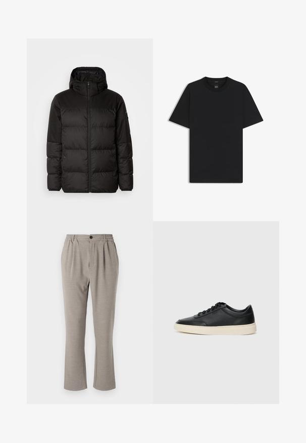 Black puffer jacket features a zip closure, a hood, quilted sections, and elastic cuffs, made from a smooth, water-resistant material.; Black short-sleeve T-shirt made from a smooth cotton blend, featuring a crew neckline and a minimalistic design with no patterns or accents.; Light grey pants with a relaxed fit, made of soft fabric, featuring an elastic waistband, pleats, and a single button closure.; Black low-top leather sneaker with black laces and off-white sole shown in side profile on white background.
