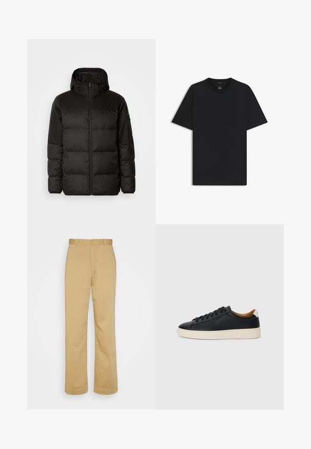 Svart puffjacka med blixtlås, huva, quiltade sektioner och elastiska mudd, tillverkad av ett slätt, vattentåligt material.; Svart kortärmad T-shirt i en mjuk bomullsblandning, med rundad halsringning och en minimalistisk design utan mönster eller detaljer.; Beige rakbenade byxor med bälteshällor, framknapp och dragkedjestängning, uppställda mot en vit bakgrund.; Svarta lädersneakers med en slät yta, beige gummisula, snörning och en kontrasterande hälackcent.