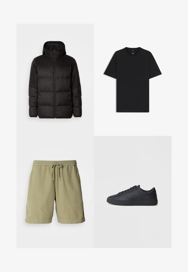 Svart puffjacka med blixtlås, huva, quiltade sektioner och elastiska mudd, tillverkad av ett slätt, vattentåligt material.; Svart kortärmad T-shirt i en mjuk bomullsblandning, med rundad halsringning och en minimalistisk design utan mönster eller detaljer.; Olivgrön short, tillverkade av bomull, med elastisk midja och dragsko, med sidofickor och rak skärning. Slät textur.; Svarta sneakers i slätt läder med låg design, rund tå och platt gummisula. Har snörning och subtil branding.