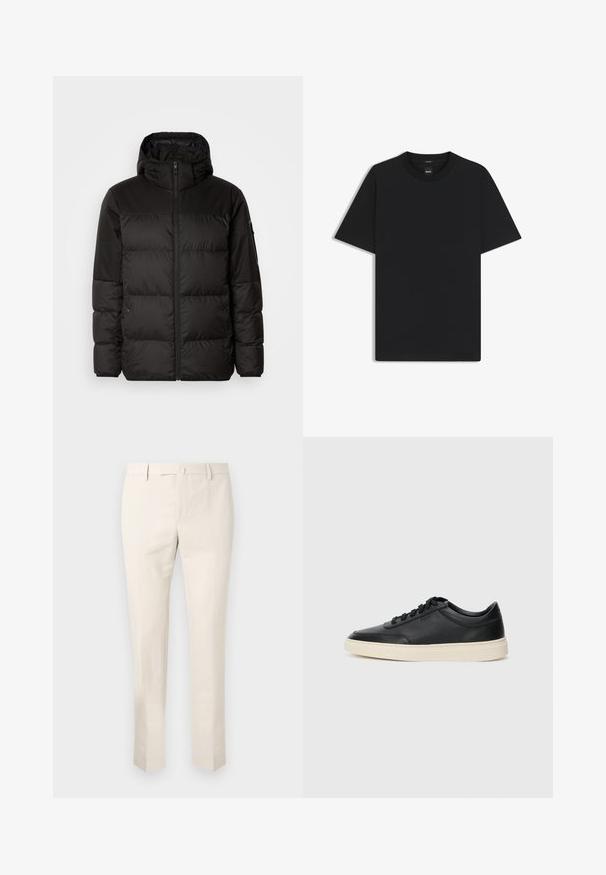 Schwarze Pufferjacke mit Reißverschluss, Kapuze, gesteppten Abschnitten und elastischen Bündchen, hergestellt aus einem glatten, wasserabweisenden Material.; Schwarz T-Shirt mit kurzen Ärmeln aus einem glatten Baumwollmix, mit Rundhalsausschnitt und einem minimalistischen Design ohne Muster oder Akzente.; Hellbeige Chinos aus Baumwolle mit flachem Bund, Gürtelschlaufen und Seitentaschen. Gerader Beinschnitt mit glatter Textur.; Schwarzer niedriger Ledersneaker mit schwarzen Schnürsenkeln und cremefarbenem Sohlenrand, seitlich auf weißem Hintergrund dargestellt.