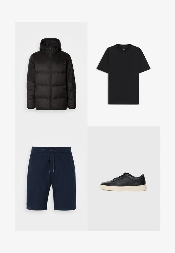 La doudoune noire est dotée d'une fermeture éclair, d'une capuche, de sections matelassées et de poignets élastiques, fabriquée à partir d'un matériau lisse et résistant à l'eau.; T-shirt noir à manches courtes en coton mélangé doux, avec un col rond et un design minimaliste sans motifs ni accents.; Shorts bleu marine en tissu doux, avec une taille élastique dotée d'un cordon de serrage, des poches latérales et des jambes droites.; Baskets en cuir noires à tiges basses avec lacets noirs et semelle ivoire, présentées en profil latéral sur fond blanc.