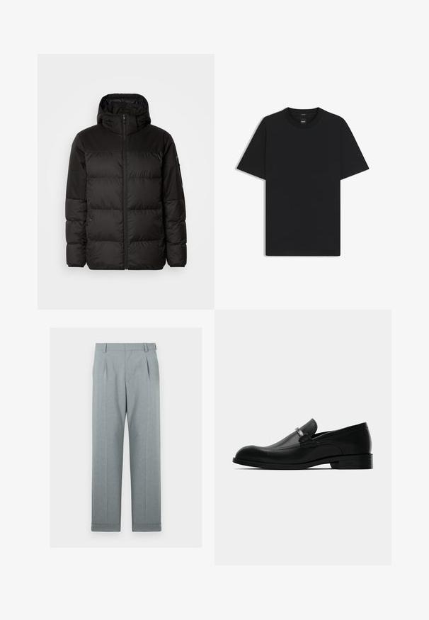 Black puffer jacket features a zip closure, a hood, quilted sections, and elastic cuffs, made from a smooth, water-resistant material.; Black short-sleeve T-shirt made from a smooth cotton blend, featuring a crew neckline and a minimalistic design with no patterns or accents.; Light gray trousers made of a textured fabric with a straight-leg design, single pleats, and cuffed hems. Minimalist and tailored appearance.; Black leather men's loafer with a metal buckle detail, low heel, and branded sole, shown from the side on a white background.