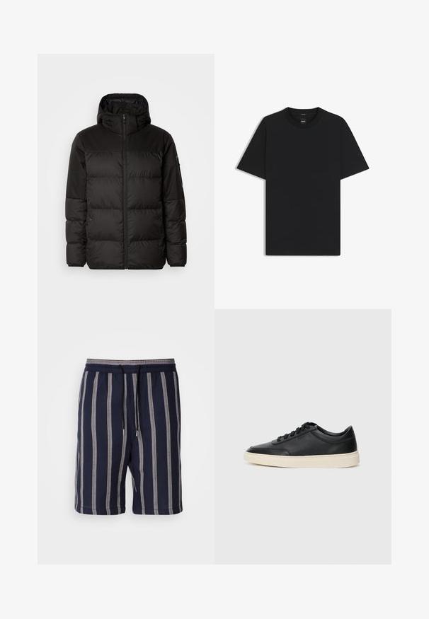 Svart puffjacka med blixtlås, huva, quiltade sektioner och elastiska mudd, tillverkad av ett slätt, vattentåligt material.; Svart kortärmad T-shirt i en mjuk bomullsblandning, med rundad halsringning och en minimalistisk design utan mönster eller detaljer.; Mörkblå shorts med vertikala ljusgrå ränder, elastisk midja med dragsko, knälång, tillverkade av ett texturerat tyg.; Svart låg skor i läder med svarta snören och off-white sula, visas i sidoprofil på vit bakgrund.